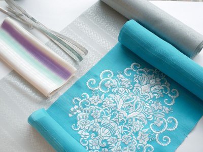 画像1: kaonn original 刺繍夏袋帯 summer turquoise silver line
